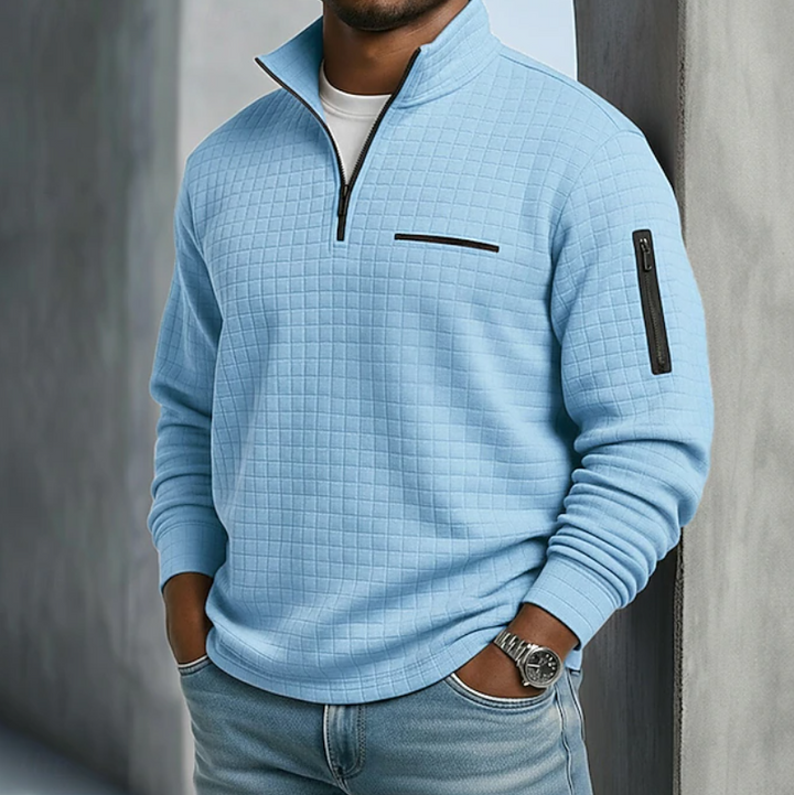 Men's textured waffle knit quarter zip jumper with utility zip pockets