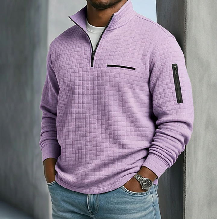 Men's textured waffle knit quarter zip jumper with utility zip pockets