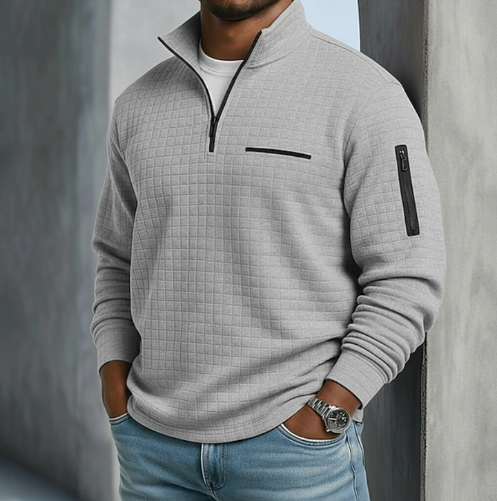 Men's textured waffle knit quarter zip jumper with utility zip pockets