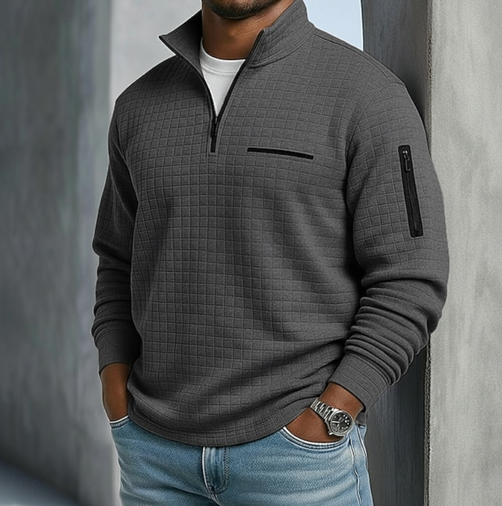 Men's textured waffle knit quarter zip jumper with utility zip pockets