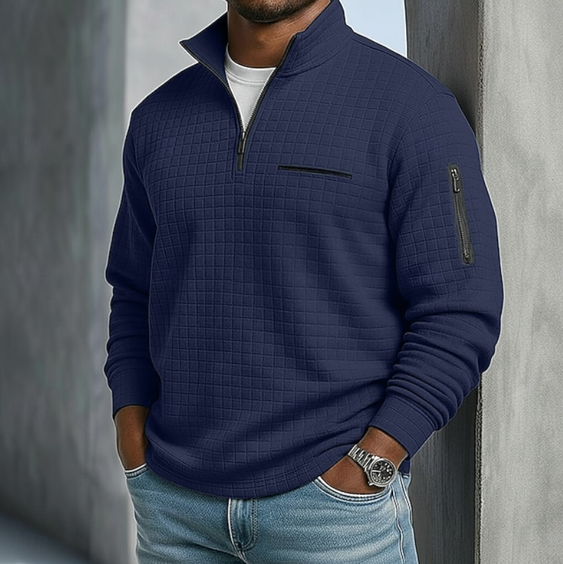 Men's textured waffle knit quarter zip jumper with utility zip pockets