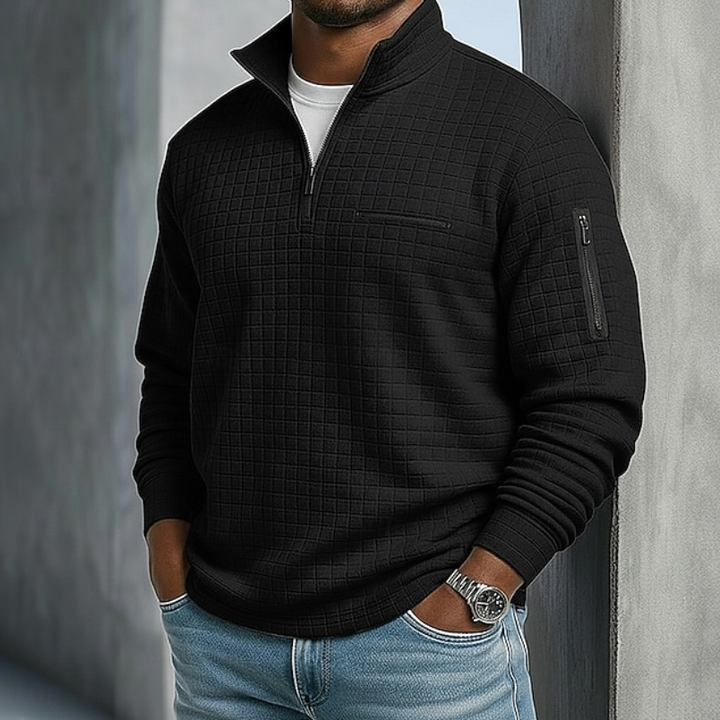 Men's textured waffle knit quarter zip jumper with utility zip pockets