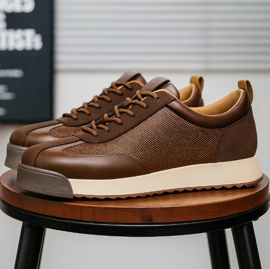 Low-top lace-up sneakers with textured side panels and layered flat soles