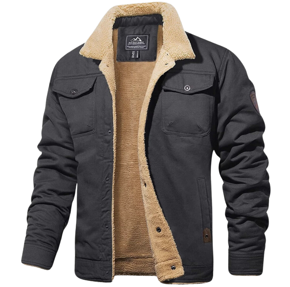 Men's sherpa-collar jacket with long sleeves, button front and multiple pockets