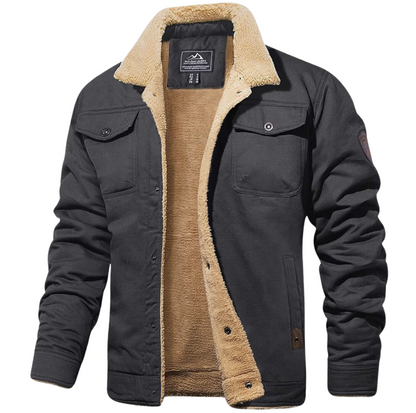 Men's sherpa-collar jacket with long sleeves, button front and multiple pockets