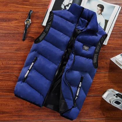 Men's sleeveless quilted puffer vest with stand collar and zipped pockets