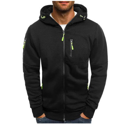 Men's hooded zip jacket with long sleeves and multiple zipped pockets