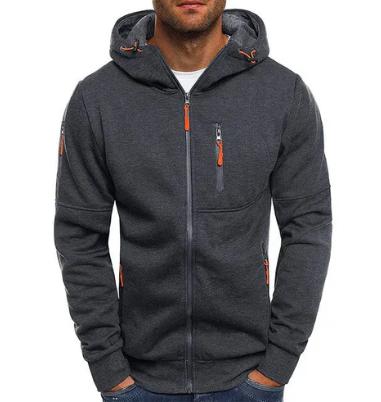 Men's hooded zip jacket with long sleeves and multiple zipped pockets