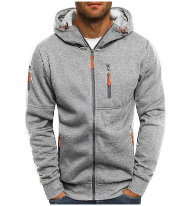 Men's hooded zip jacket with long sleeves and multiple zipped pockets