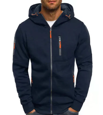 Men's hooded zip jacket with long sleeves and multiple zipped pockets
