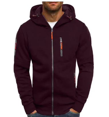 Men's hooded zip jacket with long sleeves and multiple zipped pockets
