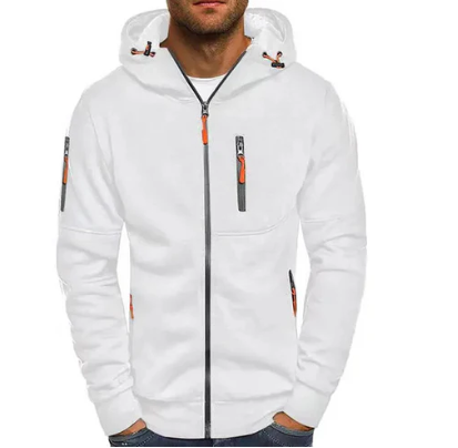 Men's hooded zip jacket with long sleeves and multiple zipped pockets
