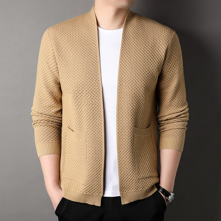 Men's textured open front cardigan with patch pockets