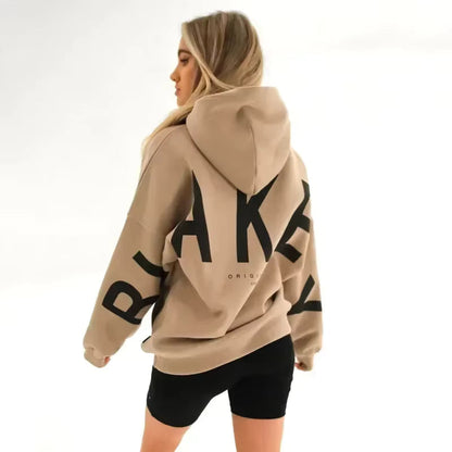 Women's hooded pullover with graphic back and sleeve print