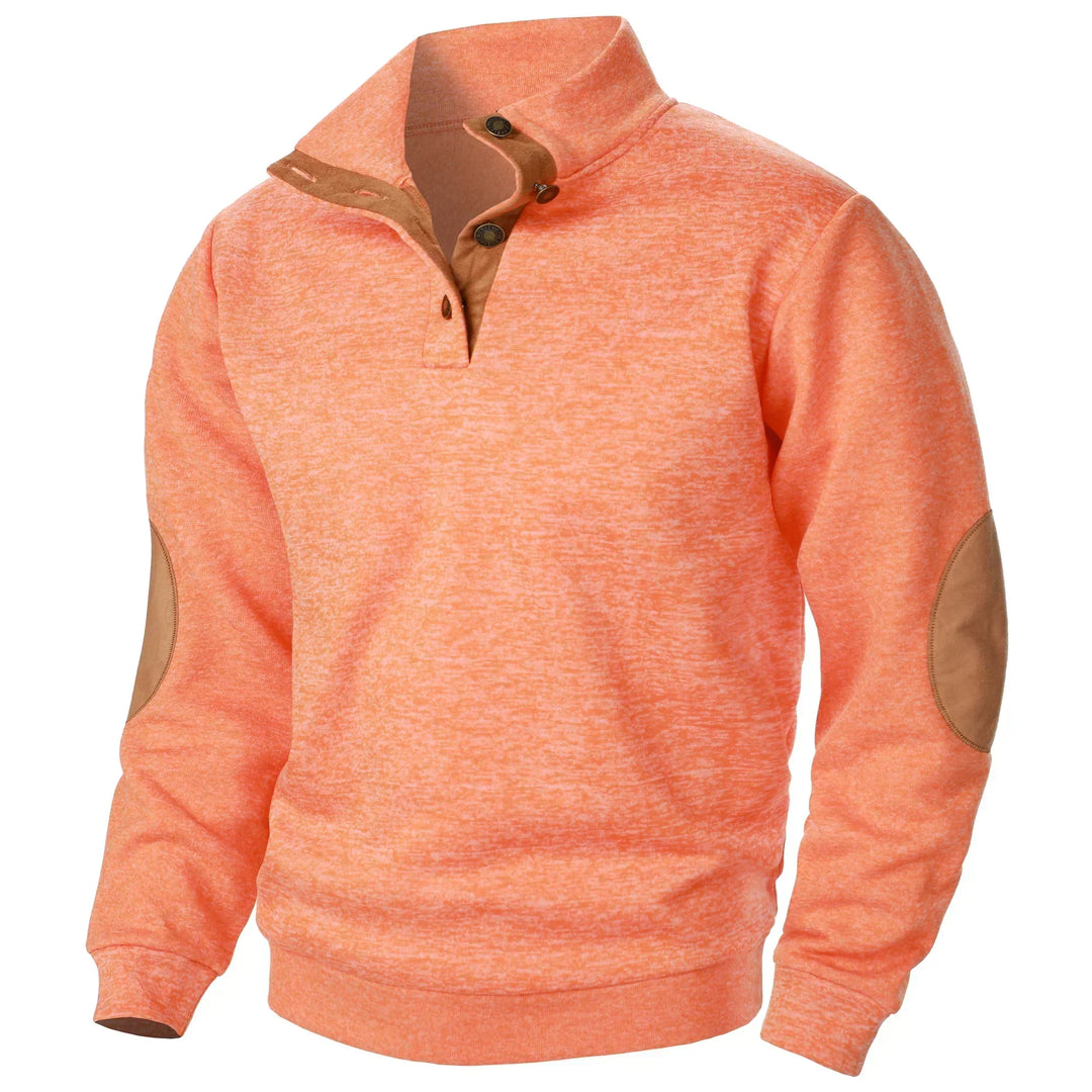 Unisex quarter zip sweater with stand collar and elbow patches