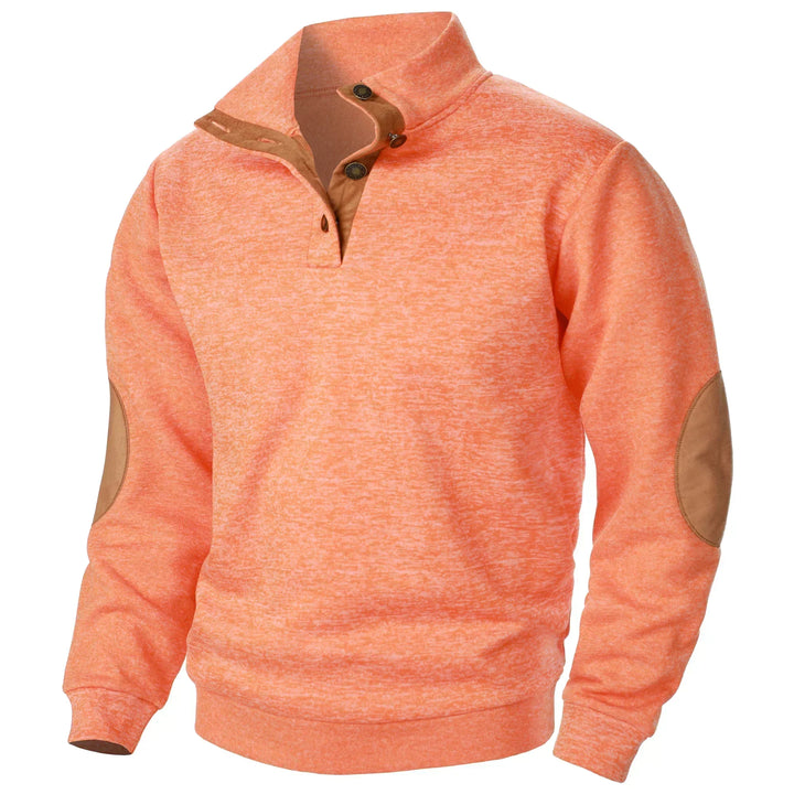 Unisex quarter zip sweater with stand collar and elbow patches