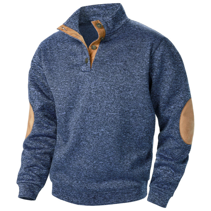 Unisex quarter zip sweater with stand collar and elbow patches