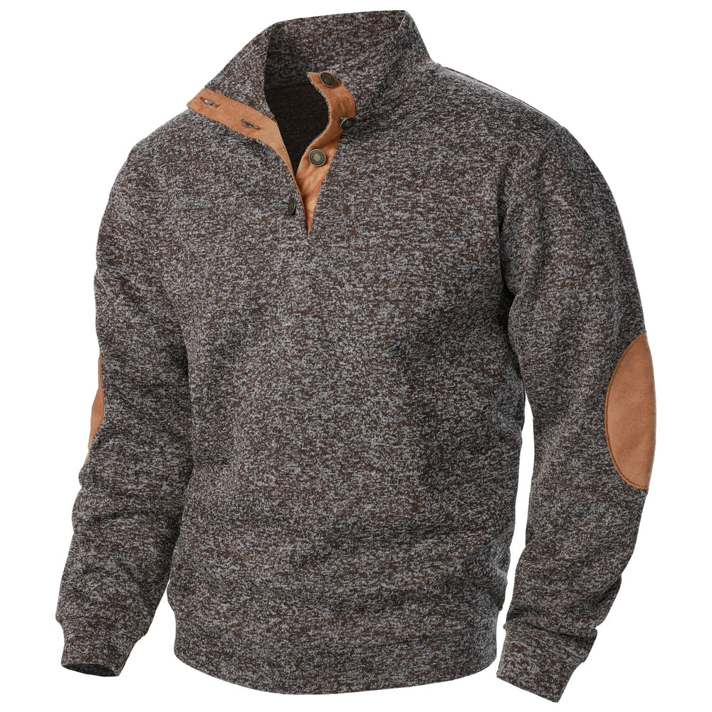 Unisex quarter zip sweater with stand collar and elbow patches