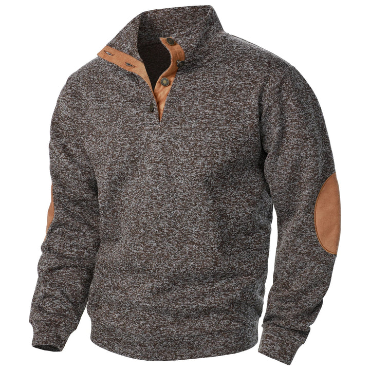 Unisex quarter zip sweater with stand collar and elbow patches