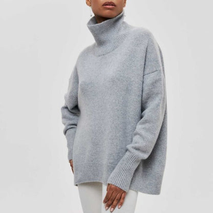 Women's plain ribbed turtleneck sweater with relaxed fit