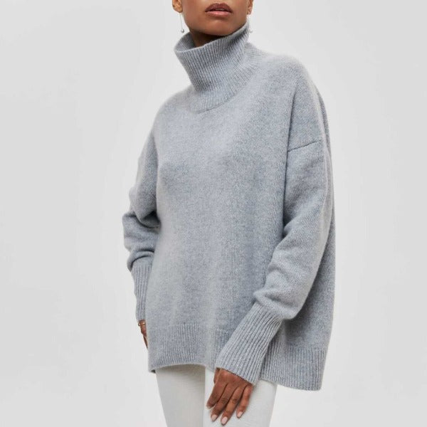 Women's plain ribbed turtleneck sweater with relaxed fit