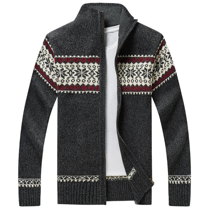 Long-sleeve patterned knit cardigan with high collar and front zipper