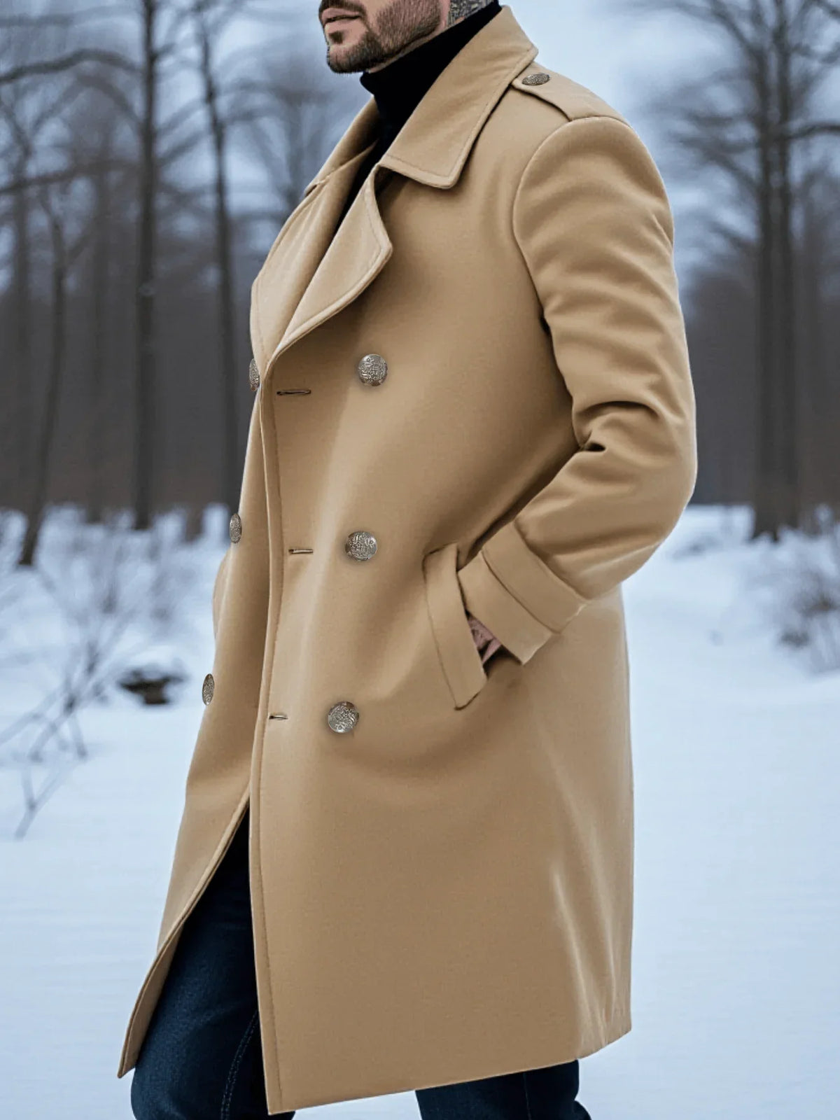 Men's longline double-breasted trench coat with notched lapels and shoulder tabs