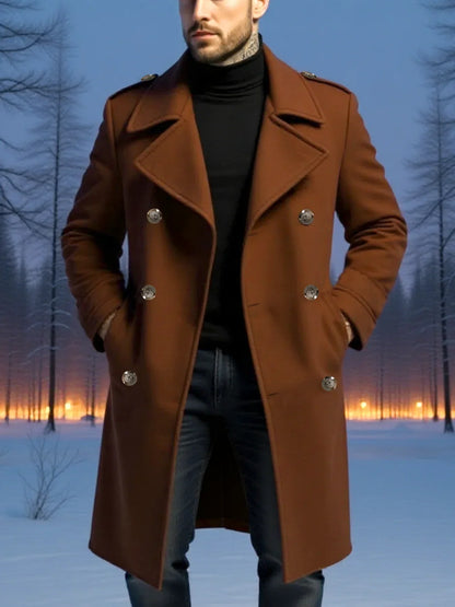 Men's longline double-breasted trench coat with notched lapels and shoulder tabs
