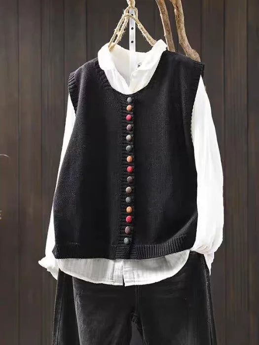 Women's sleeveless button front knit cardigan vest with V-neck and ribbed edges