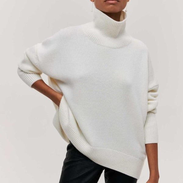 Women's plain ribbed turtleneck sweater with relaxed fit