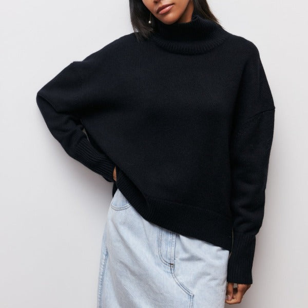 Women's plain ribbed turtleneck sweater with relaxed fit