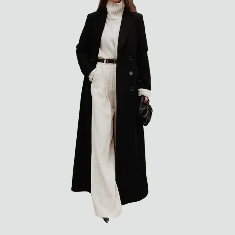 Women's black long double-breasted coat with notched lapels and long sleeves