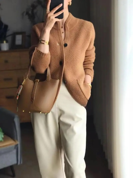 Women's textured button front cardigan jacket with stand collar and patch pockets