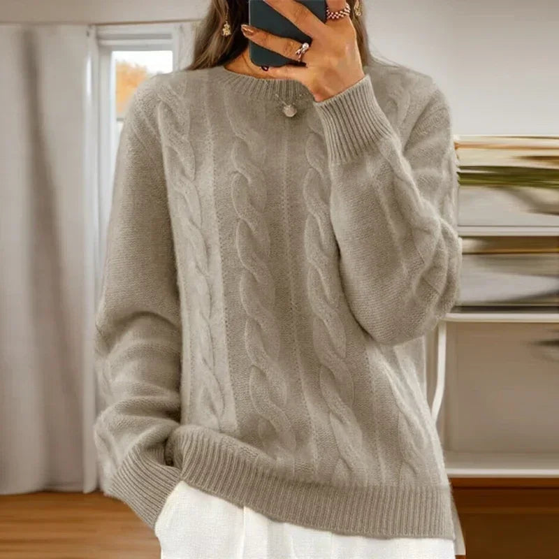 Women's cable knit crew neck sweater with long sleeves