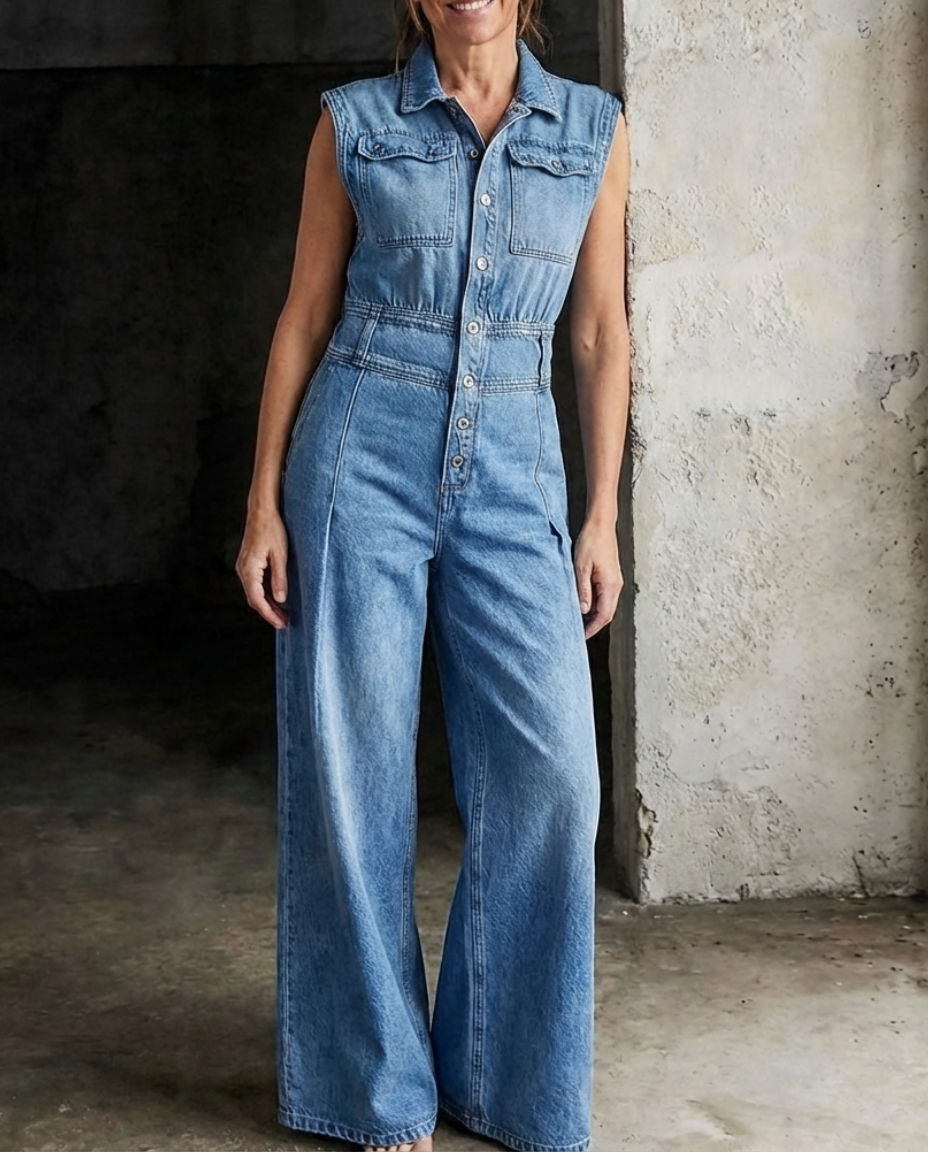 Selena Wide Leg Denim Jumpsuit 0