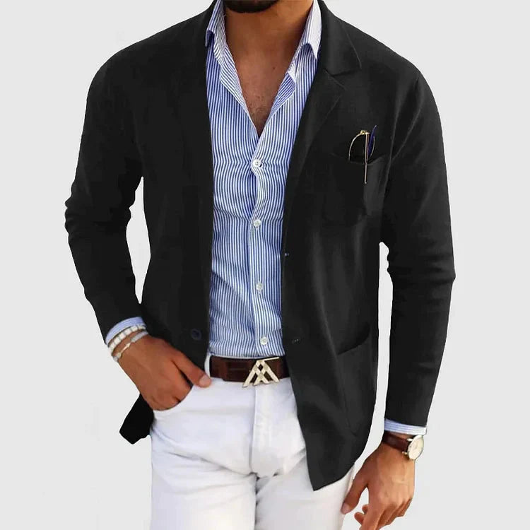 Men's tailored blazer with notched lapel collar, long sleeves and button front
