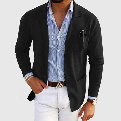 Men's tailored blazer with notched lapel collar, long sleeves and button front