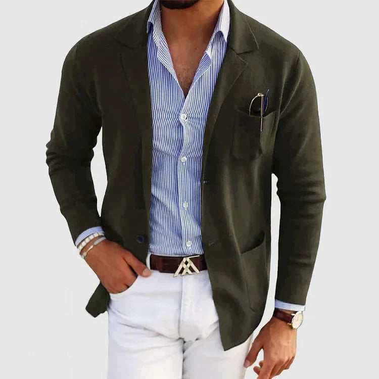 Men's tailored blazer with notched lapel collar, long sleeves and button front
