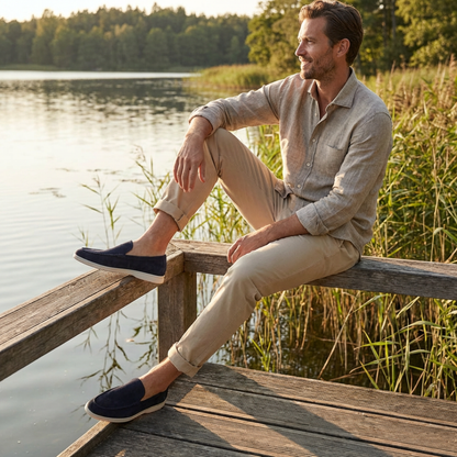 Men's slip-on loafers with moc stitching and contrasting soles
