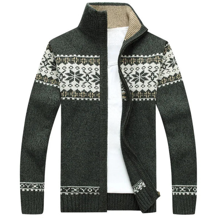 Long-sleeve patterned knit cardigan with high collar and front zipper