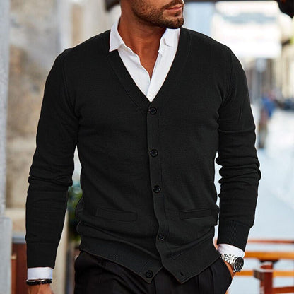 Men's long-sleeve V-neck button cardigan with ribbed trims