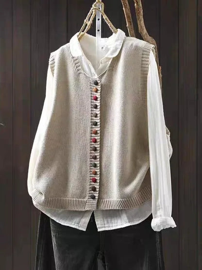 Women's sleeveless button front knit cardigan vest with V-neck and ribbed edges