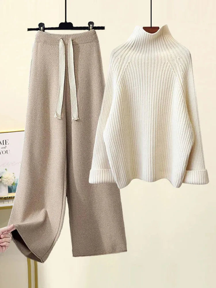 Women's ribbed turtle-neck sweater and wide-leg trouser set