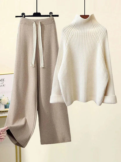 Women's ribbed turtle-neck sweater and wide-leg trouser set