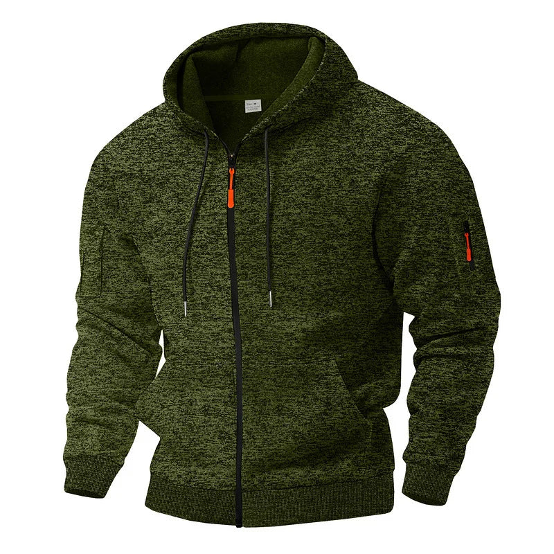 Men's textured hooded jacket with full zip front and long sleeves
