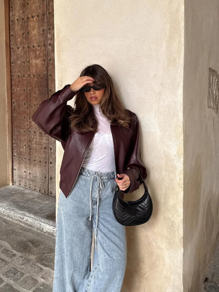 Women's wine oversized leather jacket with zip front