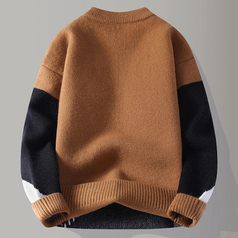 Unisex geometric patchwork crew neck sweater with long sleeves and ribbed trims