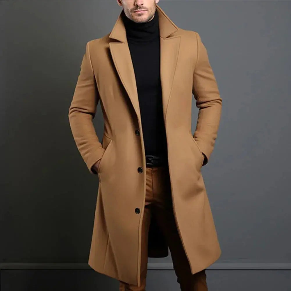 Men's tailored long coat with notched lapels, button front and side pockets