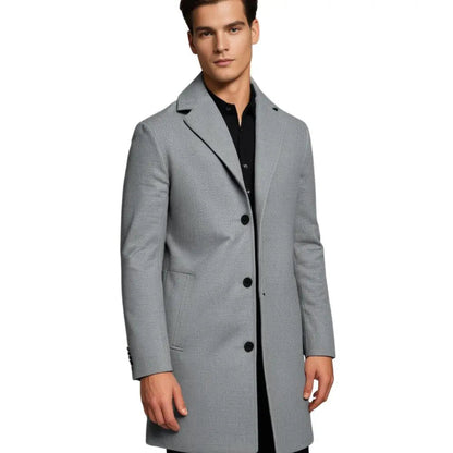 Men's tailored long coat with notched lapels, button front and side pockets