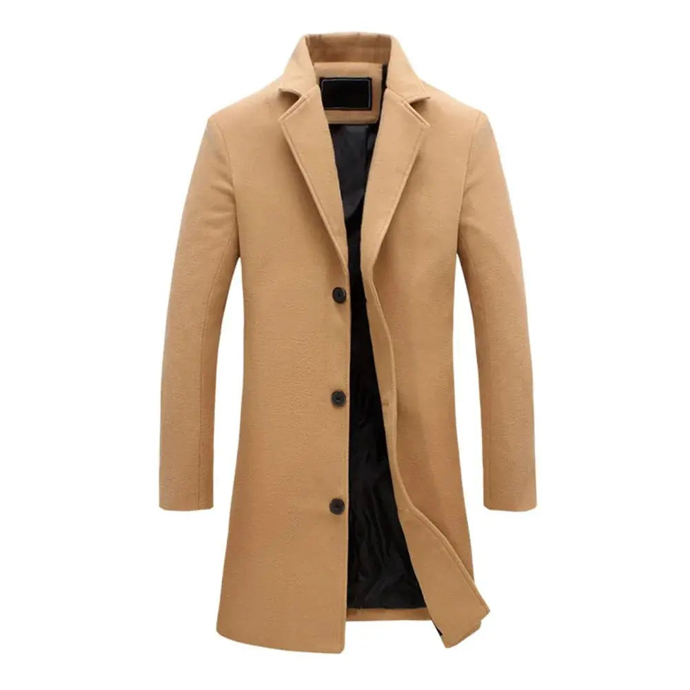 Men's tailored long coat with notched lapels, button front and side pockets
